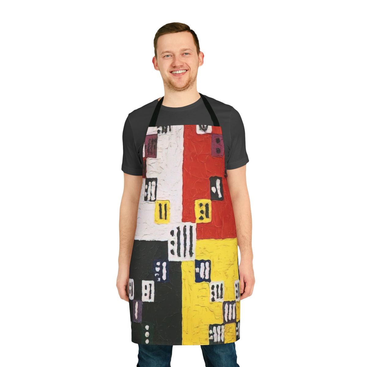 Vibrant abstract apron featuring geometric patterns and cosmic motifs inspired by the midcentury paintings of artist Alfred Jensen.