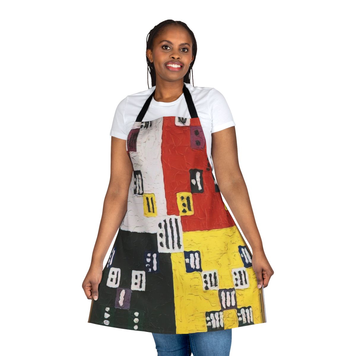 Vibrant abstract apron featuring geometric patterns and cosmic motifs inspired by the midcentury paintings of artist Alfred Jensen.