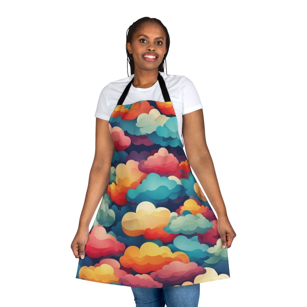 Vibrant abstract cloud pattern design printed on a high-quality kitchen apron