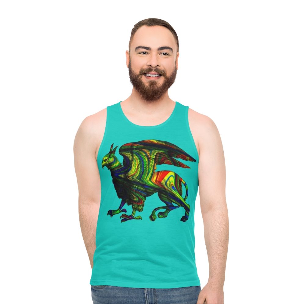 Colorful abstract griffin art silhouette on aqua unisex tank top