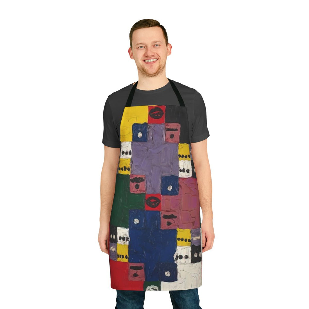 Apron featuring colorful abstract patterns and spiritual geometric designs inspired by the art of Alfred Jensen