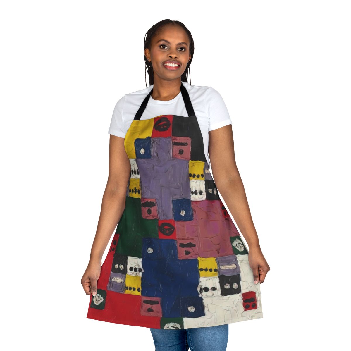 Apron featuring colorful abstract patterns and spiritual geometric designs inspired by the art of Alfred Jensen