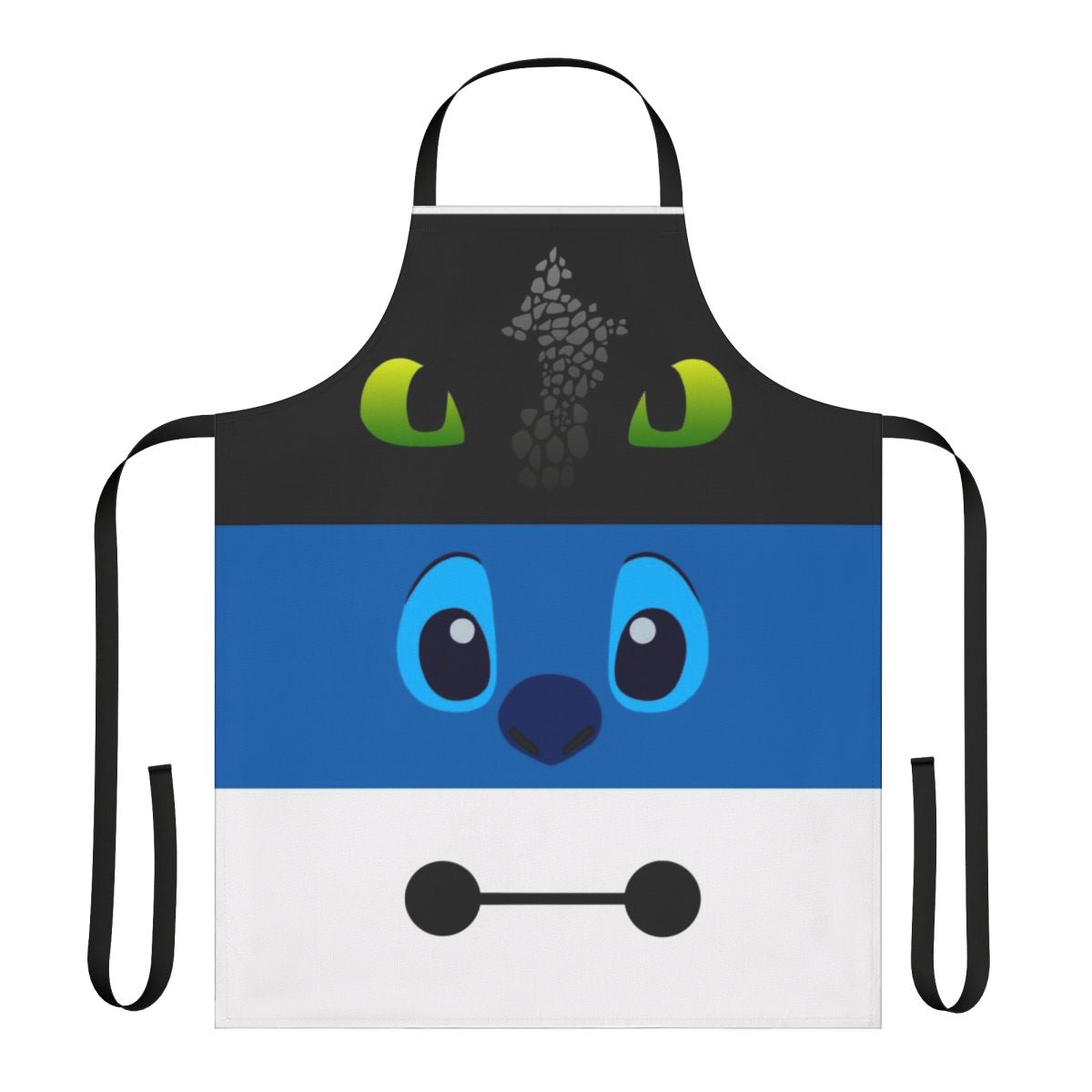 A colorful and minimalist apron with blue, white, and black design, inspired by the popular animated movie Lilo & Stitch.