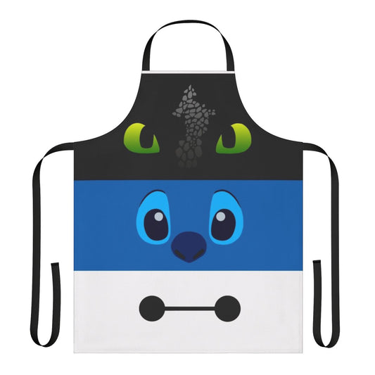 A colorful and minimalist apron with blue, white, and black design, inspired by the popular animated movie Lilo & Stitch.