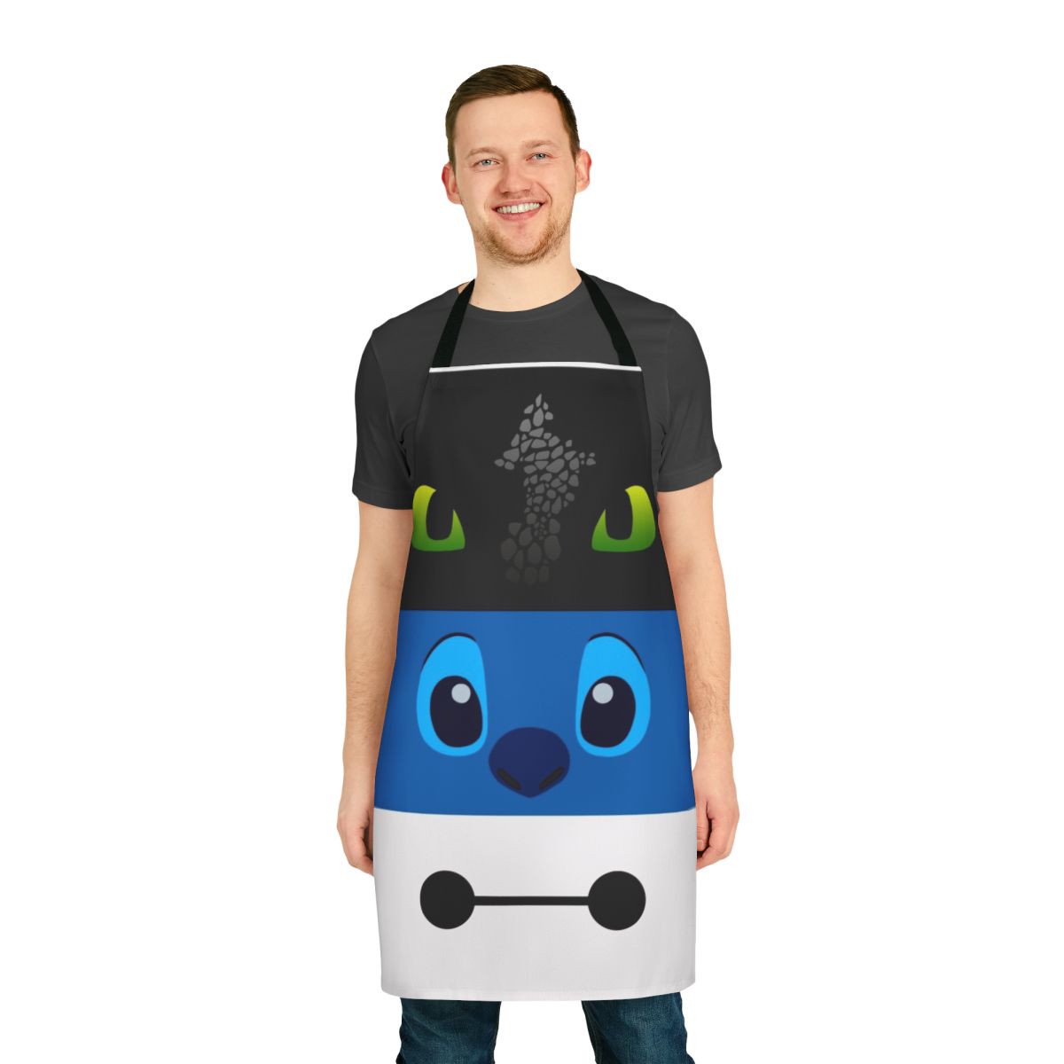 A colorful and minimalist apron with blue, white, and black design, inspired by the popular animated movie Lilo & Stitch.