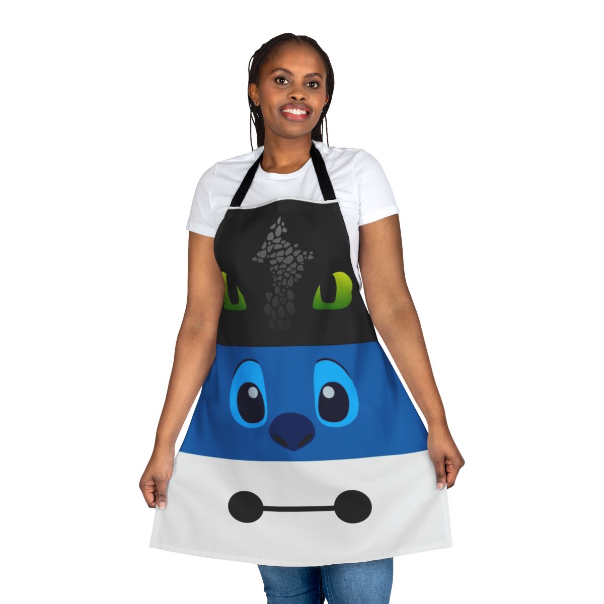 A colorful and minimalist apron with blue, white, and black design, inspired by the popular animated movie Lilo & Stitch.