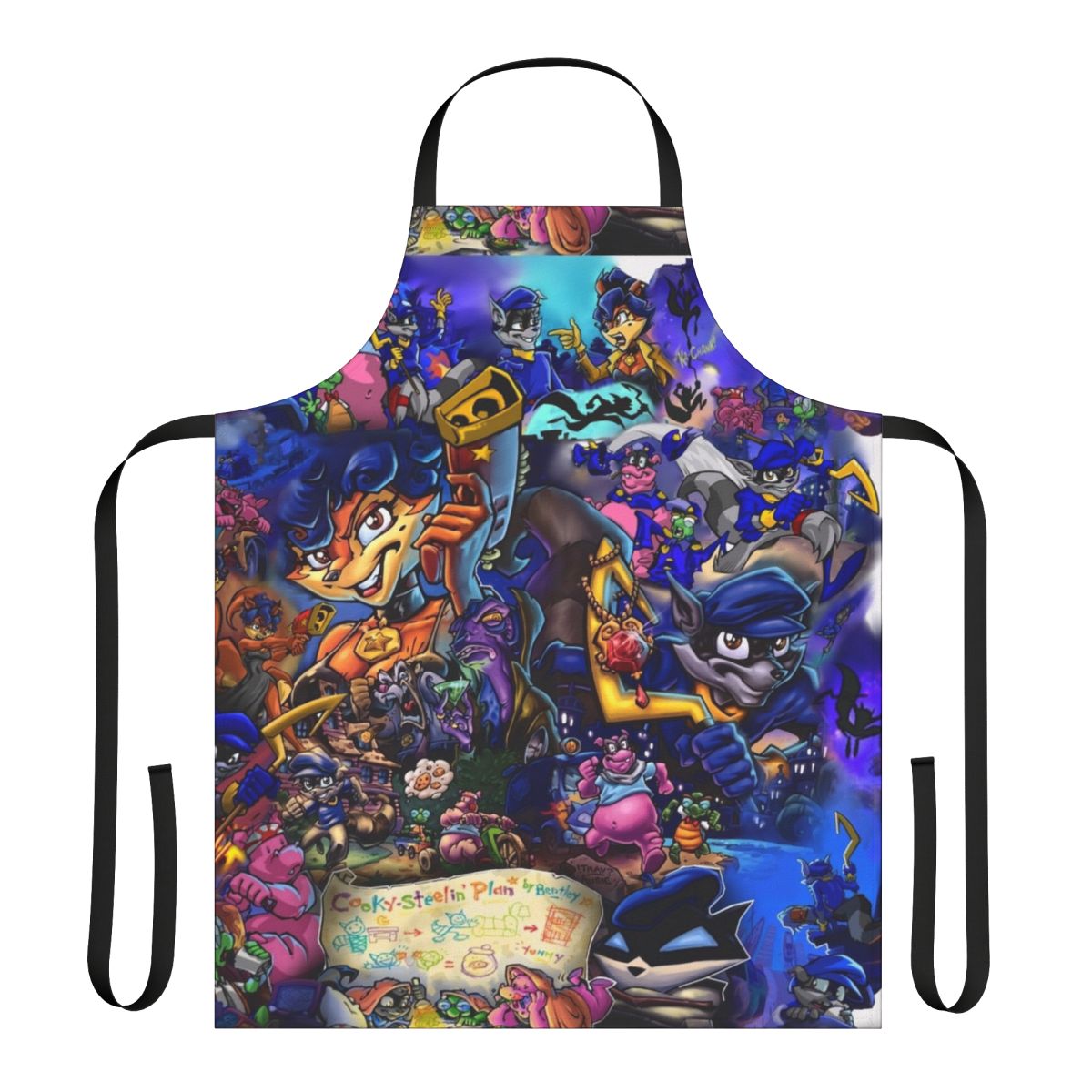 Apron featuring a collage of sly cooper characters including a raccoon, fox, turtle, and hippo in a comic/anime style