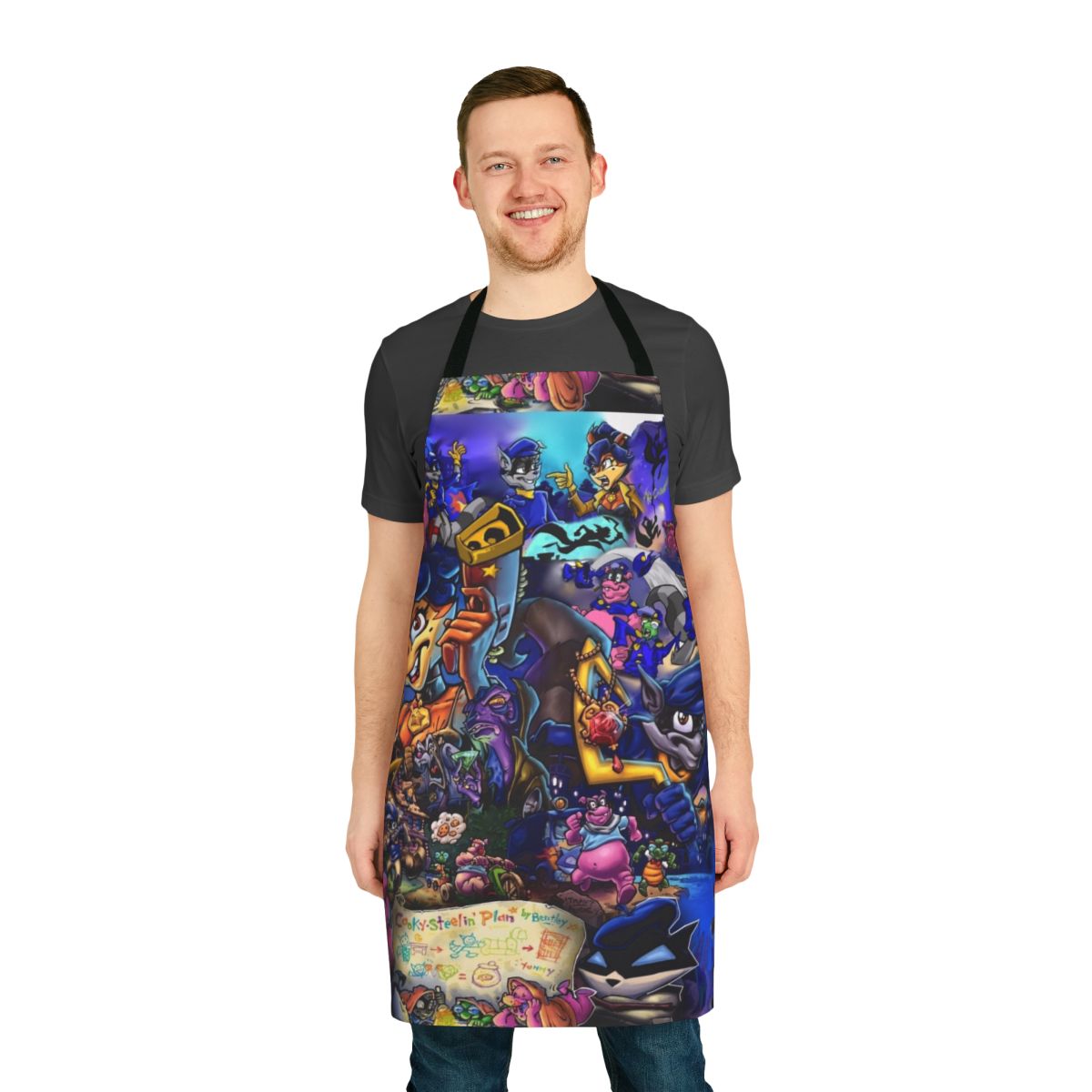 Apron featuring a collage of sly cooper characters including a raccoon, fox, turtle, and hippo in a comic/anime style