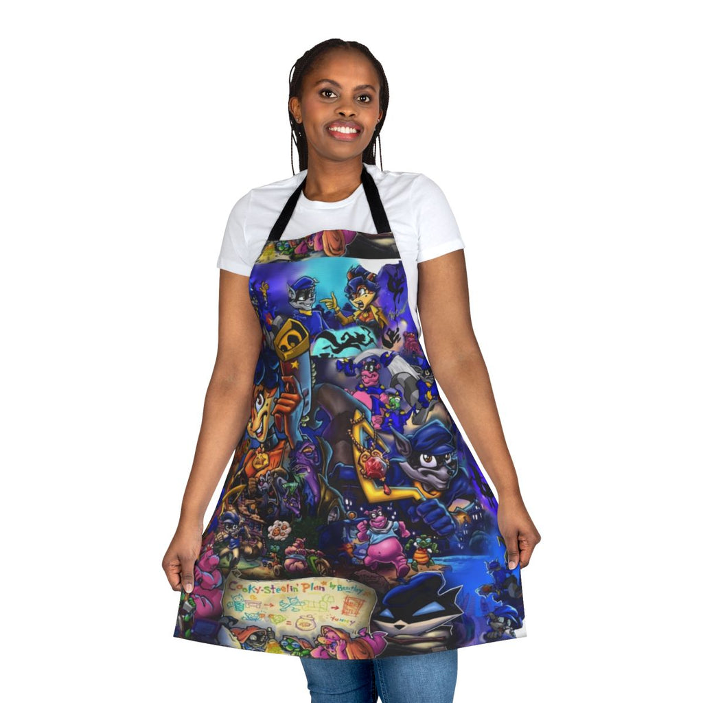 Apron featuring a collage of sly cooper characters including a raccoon, fox, turtle, and hippo in a comic/anime style