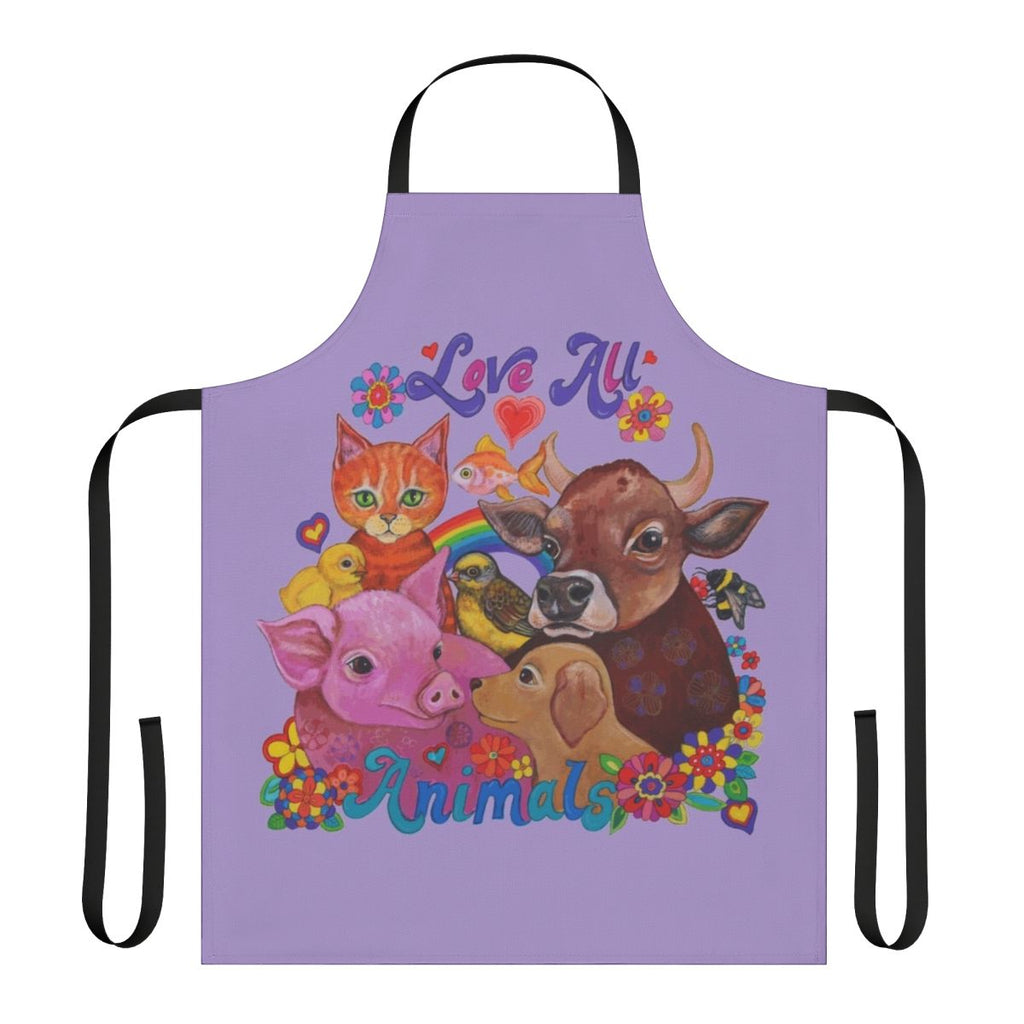Vibrant, psychedelic-style apron featuring a variety of cute farm animals and pets
