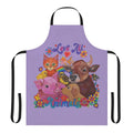 Vibrant, psychedelic-style apron featuring a variety of cute farm animals and pets