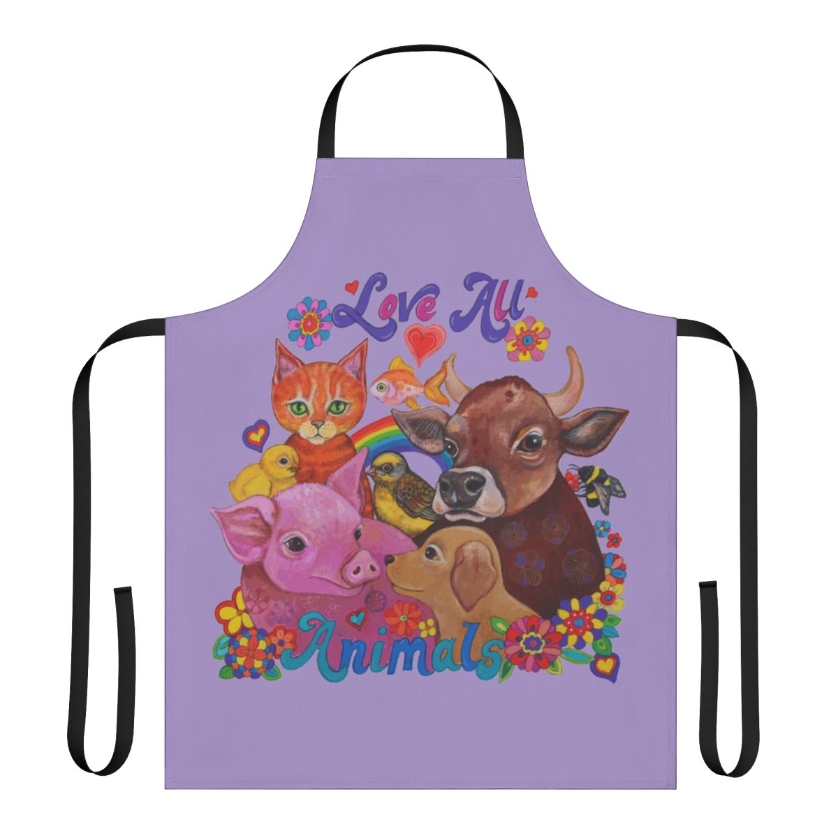 Vibrant, psychedelic-style apron featuring a variety of cute farm animals and pets