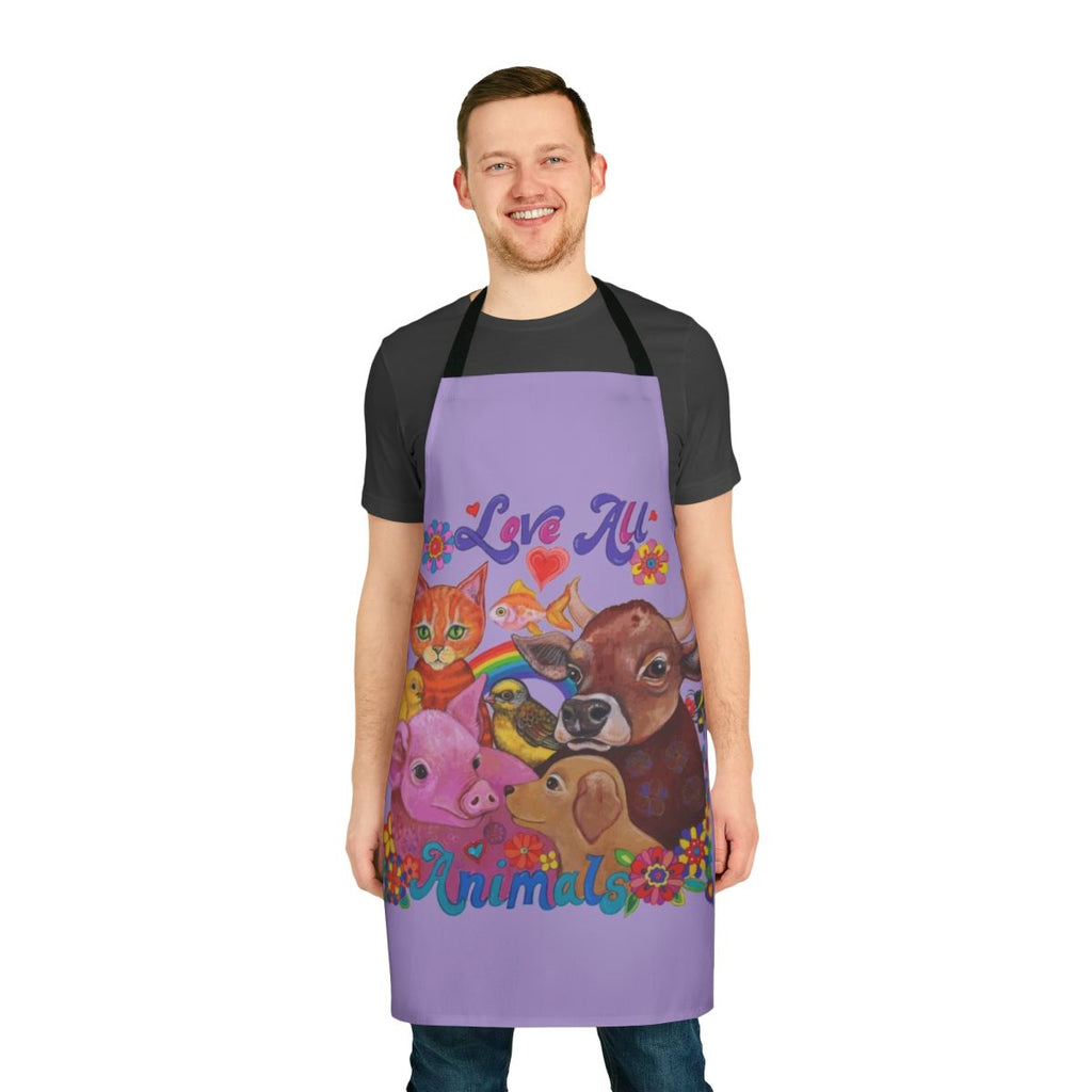 Vibrant, psychedelic-style apron featuring a variety of cute farm animals and pets