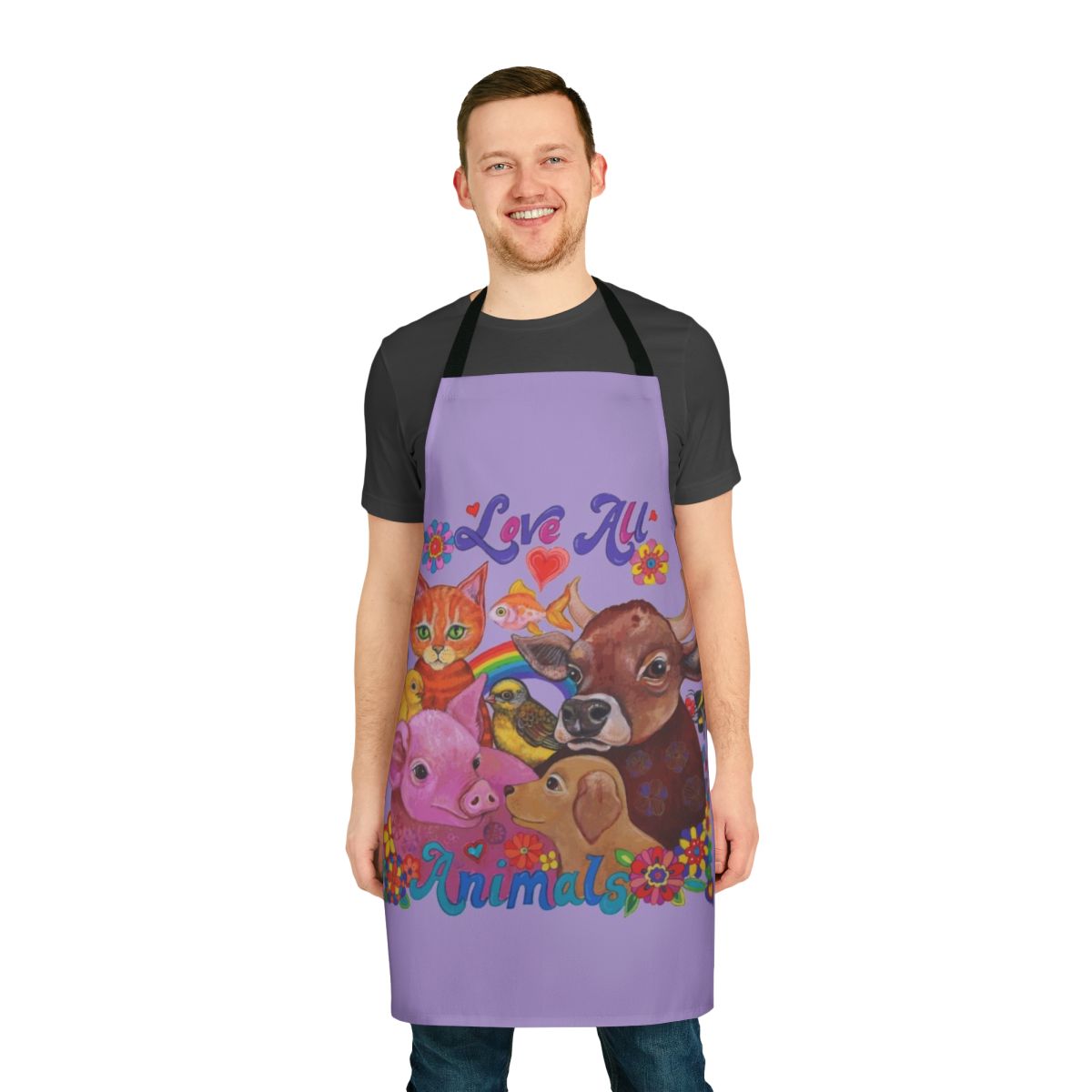 Vibrant, psychedelic-style apron featuring a variety of cute farm animals and pets