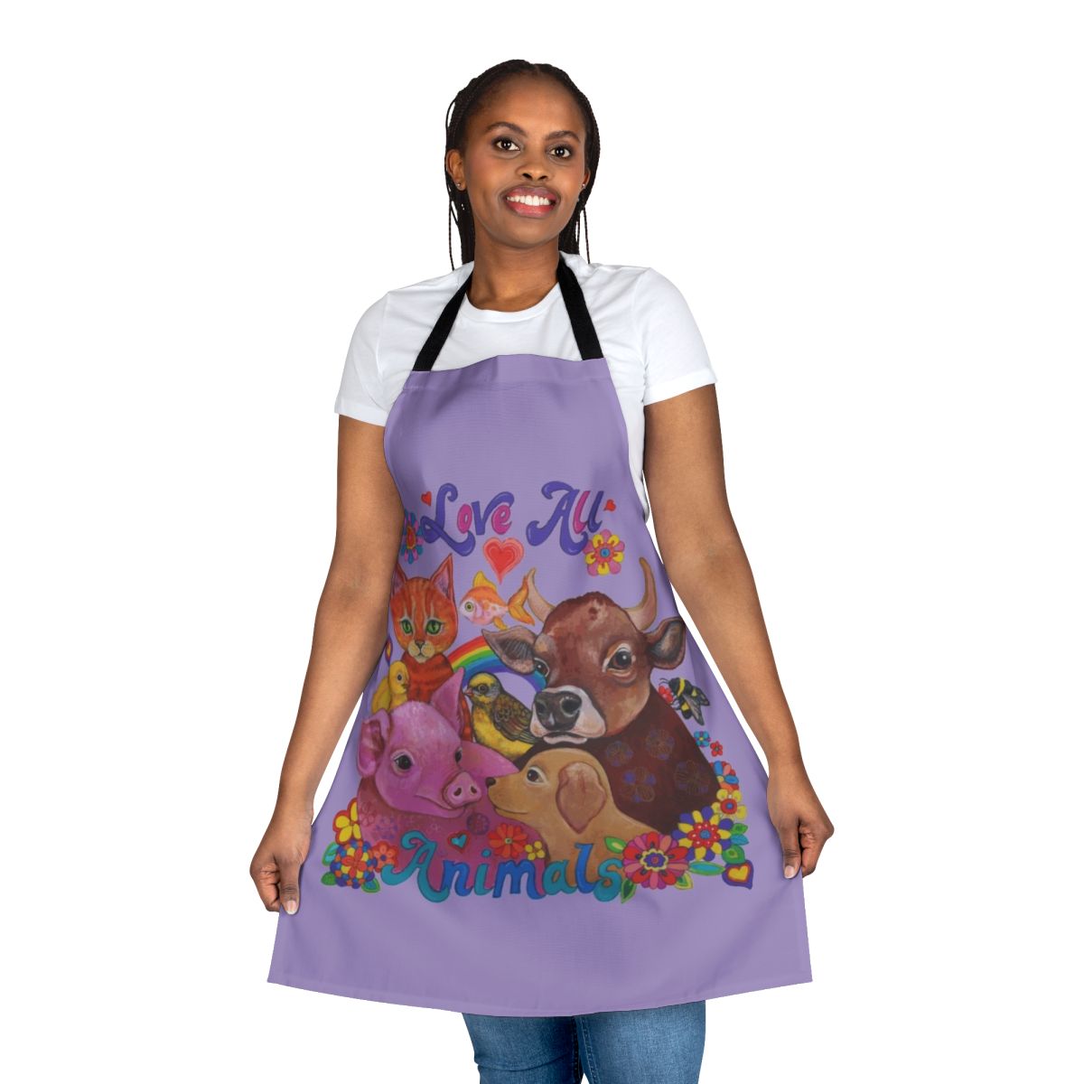 Vibrant, psychedelic-style apron featuring a variety of cute farm animals and pets