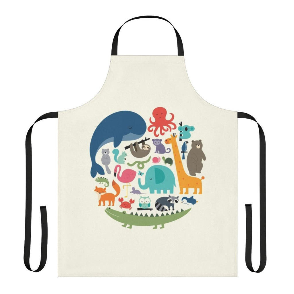 Colorful apron featuring various animal illustrations, including an elephant, giraffe, sloth, and more.