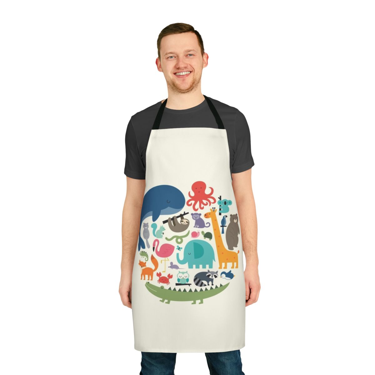 Colorful apron featuring various animal illustrations, including an elephant, giraffe, sloth, and more.