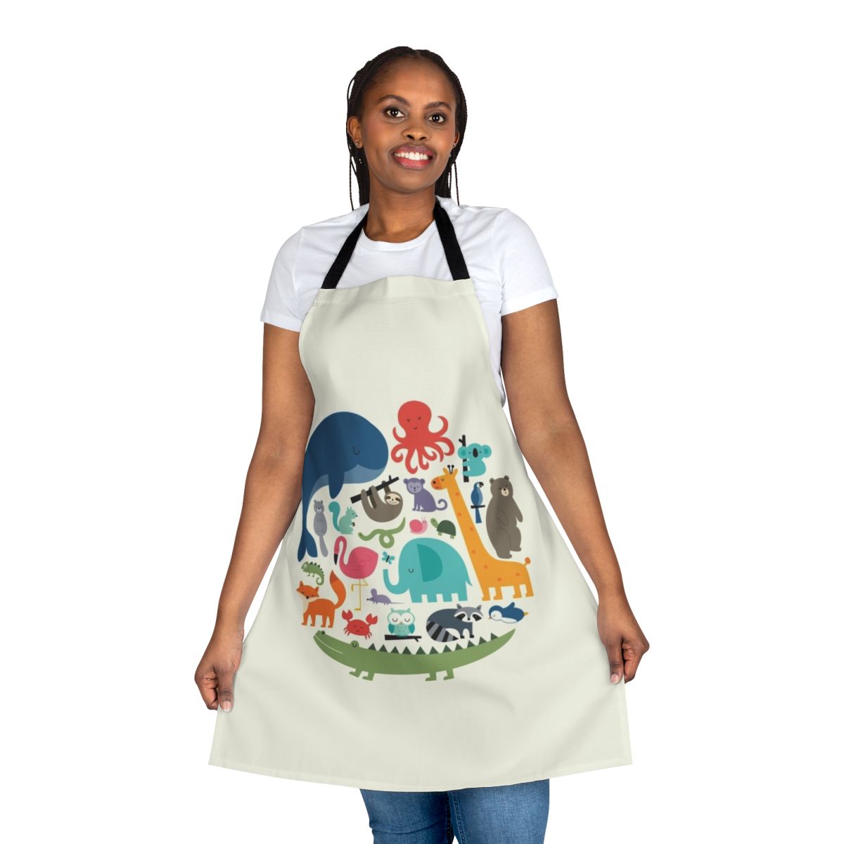 Colorful apron featuring various animal illustrations, including an elephant, giraffe, sloth, and more.