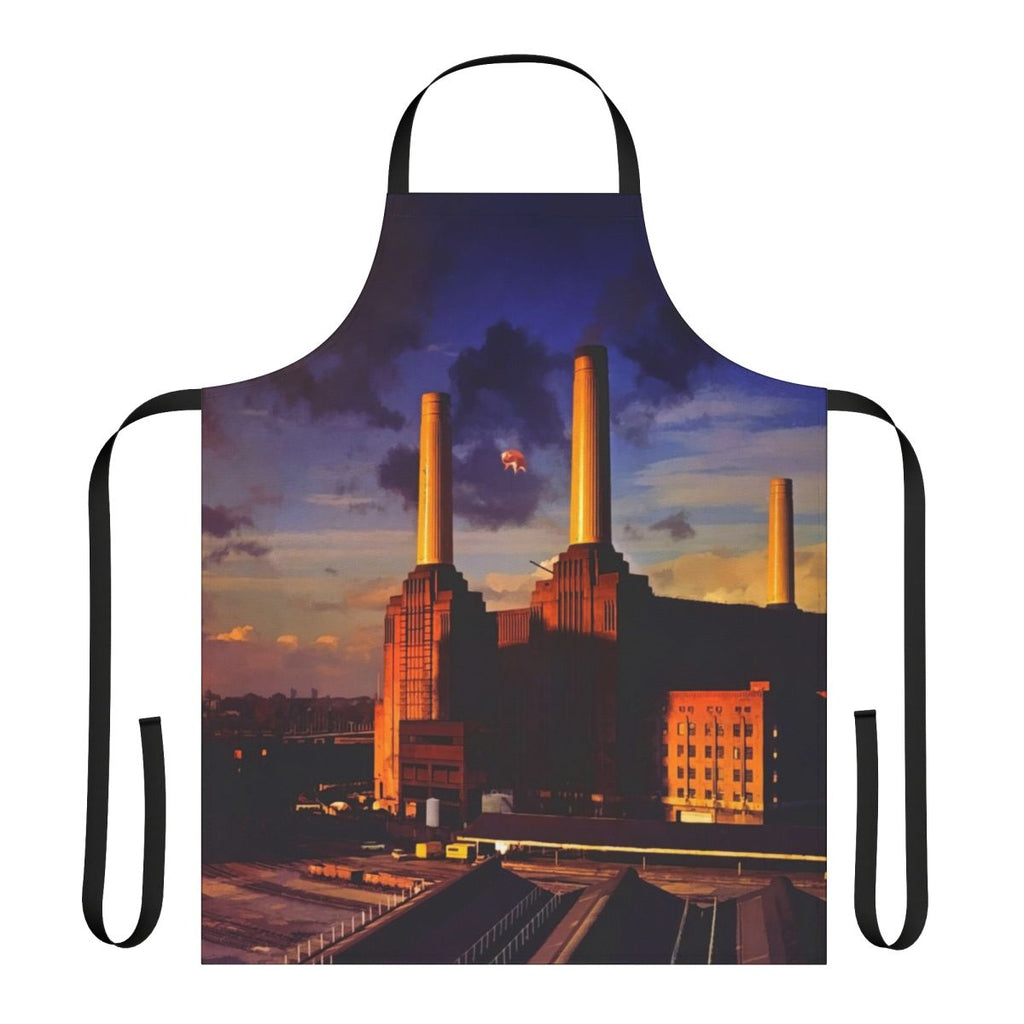 Vibrant apron featuring animals and psychedelic design inspired by Pink Floyd album covers