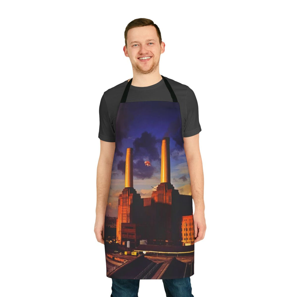 Vibrant apron featuring animals and psychedelic design inspired by Pink Floyd album covers