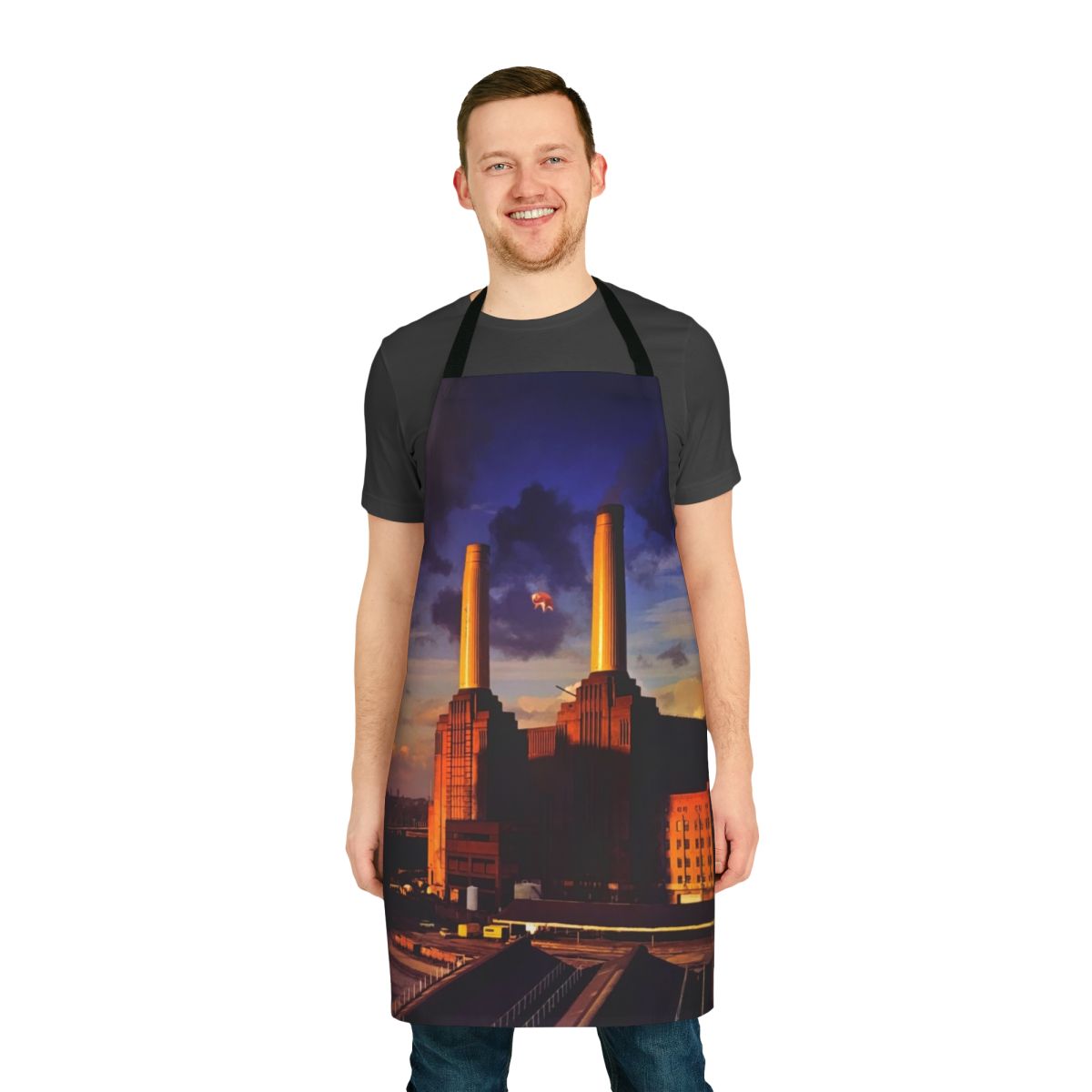 Vibrant apron featuring animals and psychedelic design inspired by Pink Floyd album covers