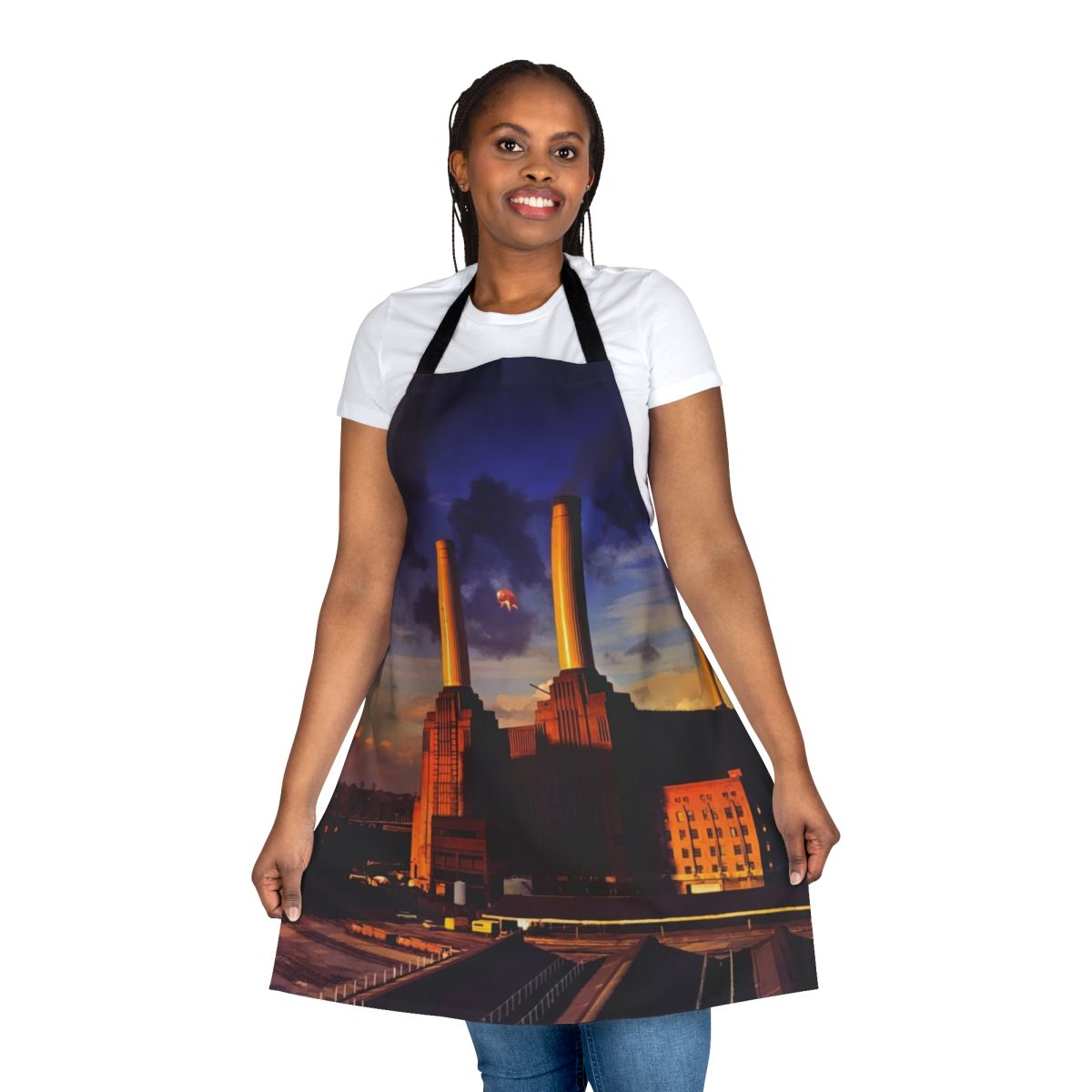 Vibrant apron featuring animals and psychedelic design inspired by Pink Floyd album covers