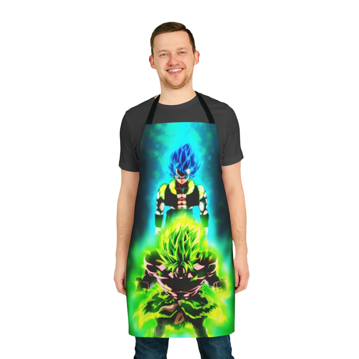 Vibrant apron featuring the iconic fight between Gogeta and Broly from the Dragon Ball series