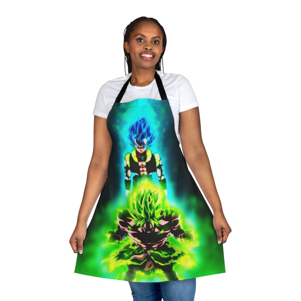 Vibrant apron featuring the iconic fight between Gogeta and Broly from the Dragon Ball series