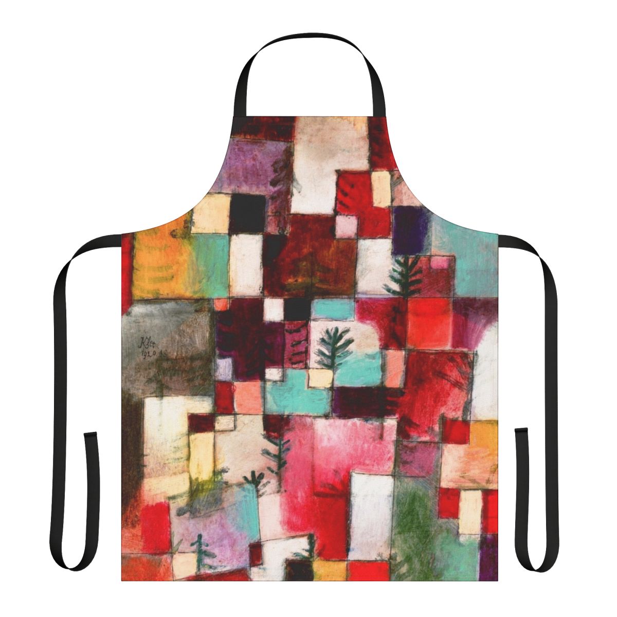 Vibrant apron with abstract art design inspired by the work of renowned Swiss painter Paul Klee