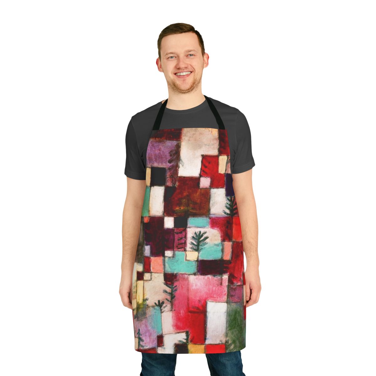 Vibrant apron with abstract art design inspired by the work of renowned Swiss painter Paul Klee