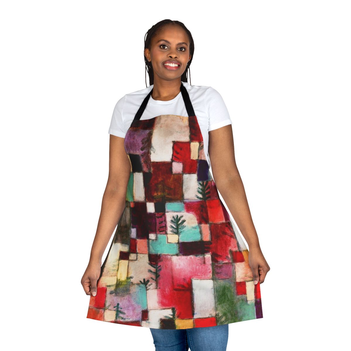Vibrant apron with abstract art design inspired by the work of renowned Swiss painter Paul Klee