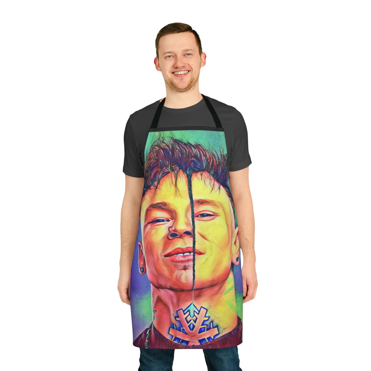 Colorful apron featuring the artistic design of Russian singer Niletto