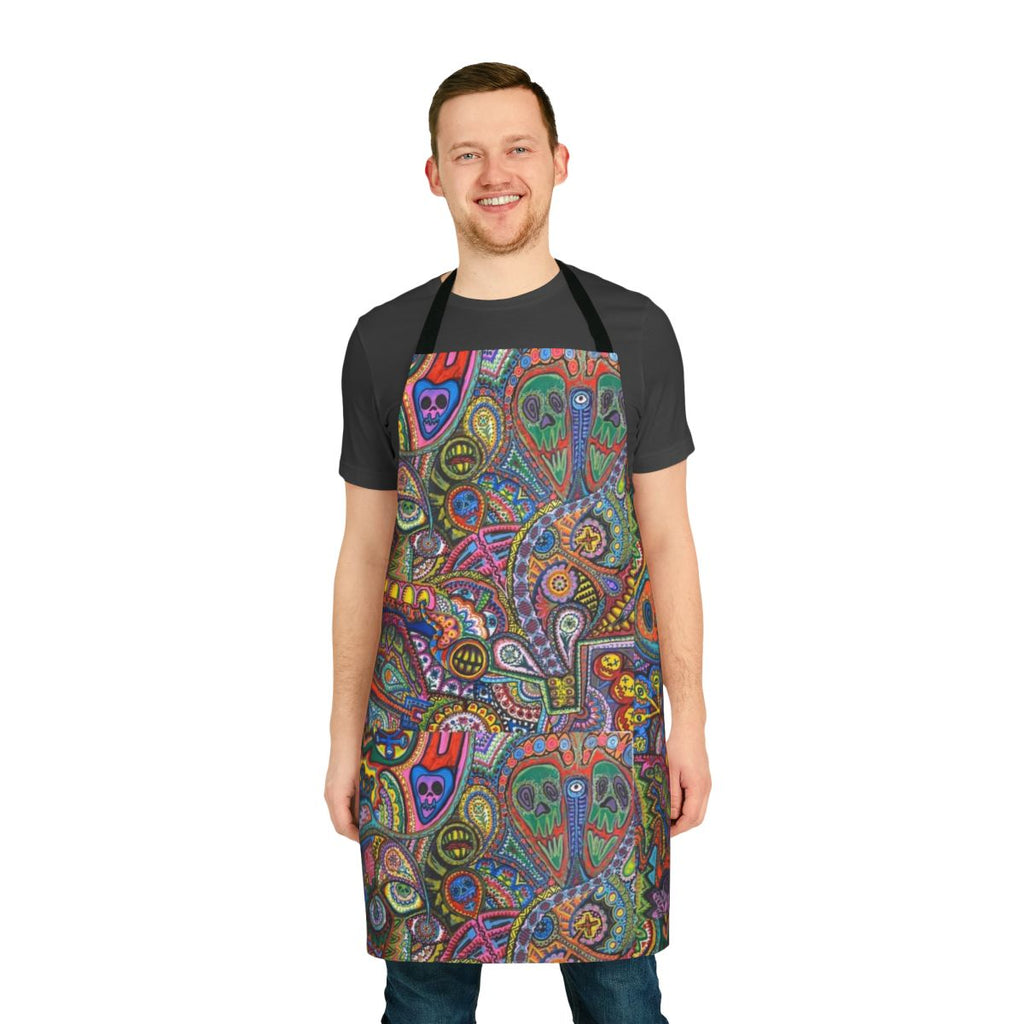 Colorful apron with original psychedelic-inspired artwork, featuring vibrant patterns and designs.