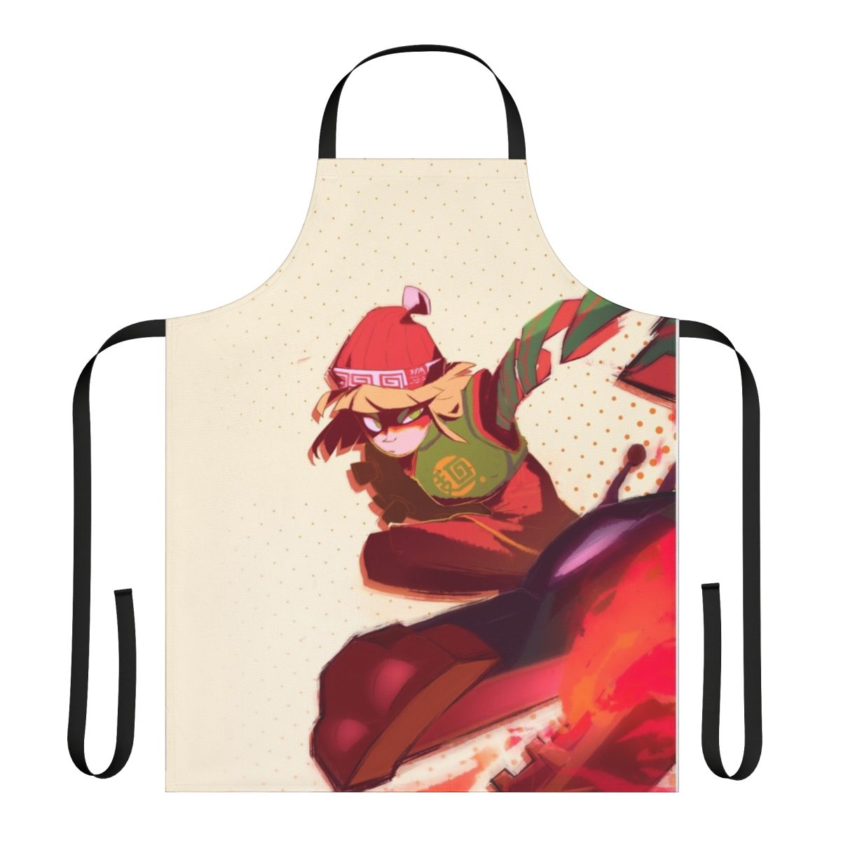 Vibrant apron featuring the iconic "Arms" character design