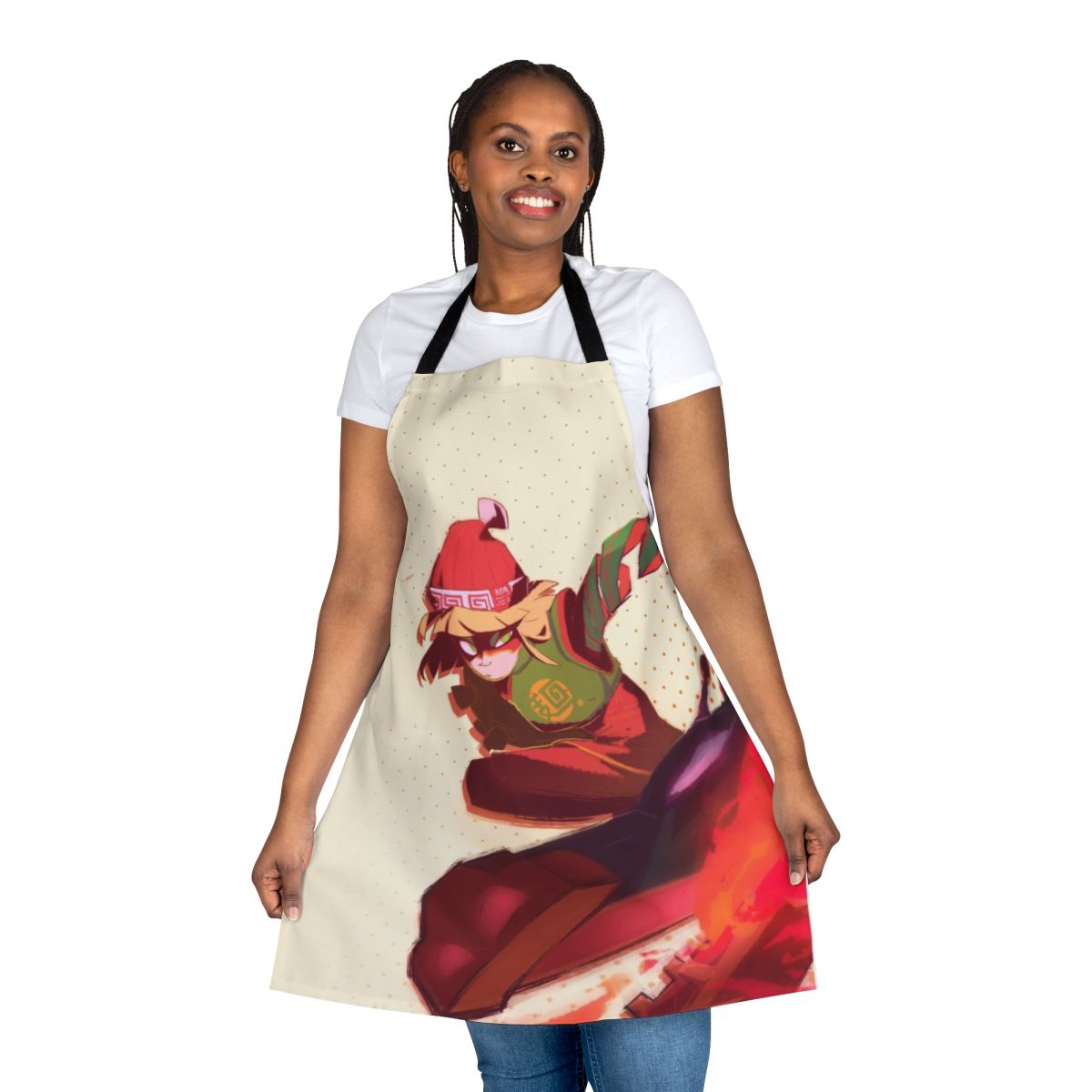 Vibrant apron featuring the iconic "Arms" character design