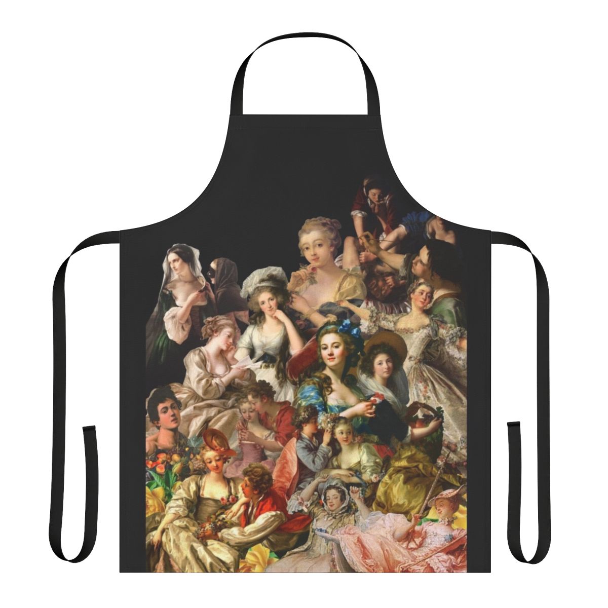 Colorful apron featuring iconic European art paintings from the history of art, including baroque, rococo, and renaissance styles.