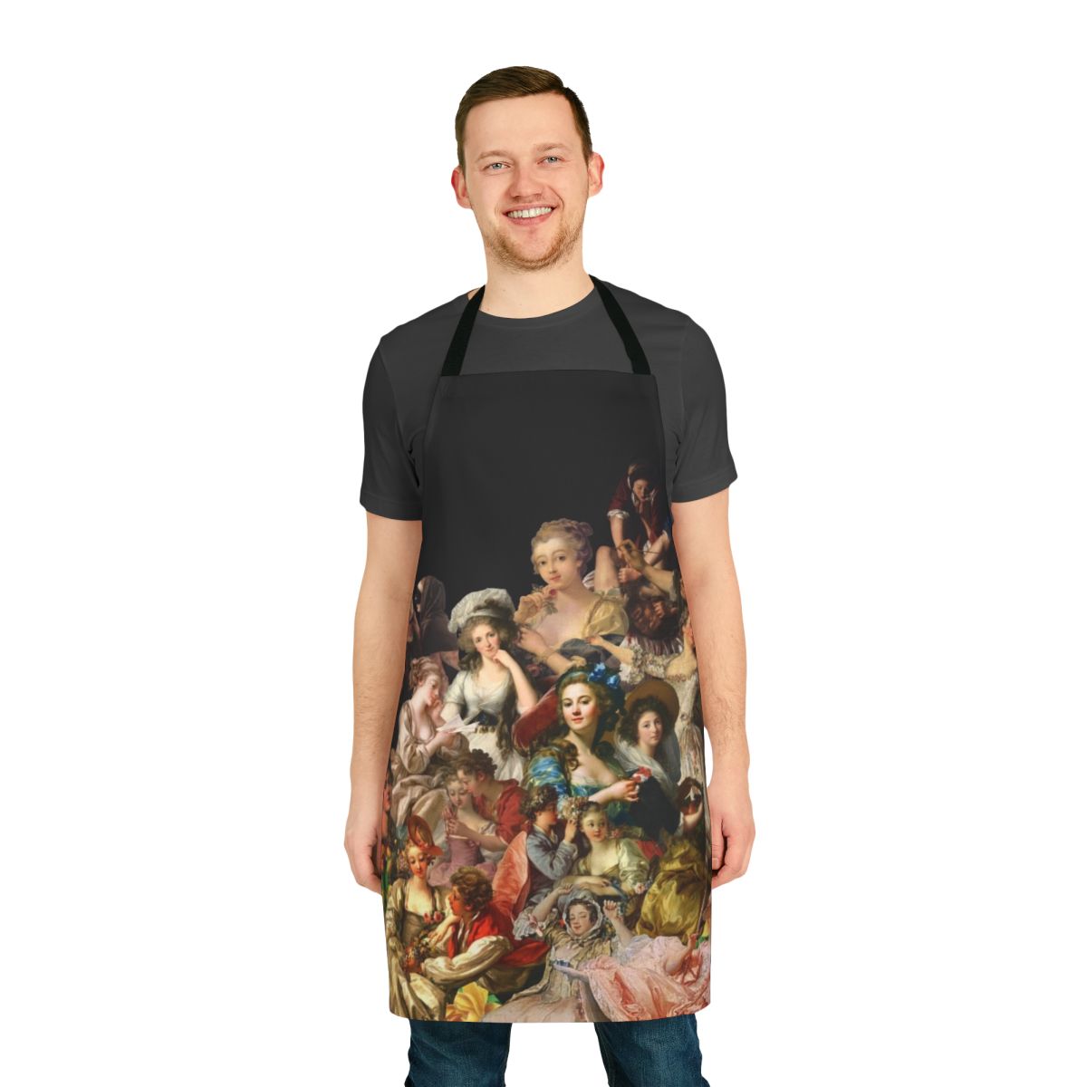 Colorful apron featuring iconic European art paintings from the history of art, including baroque, rococo, and renaissance styles.