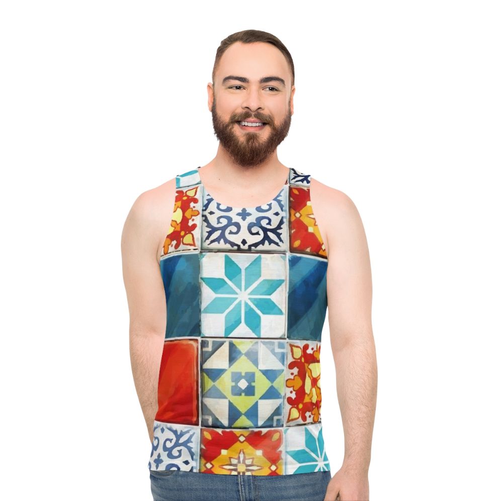 Colorful azulejos tiles mosaic unisex tank top
