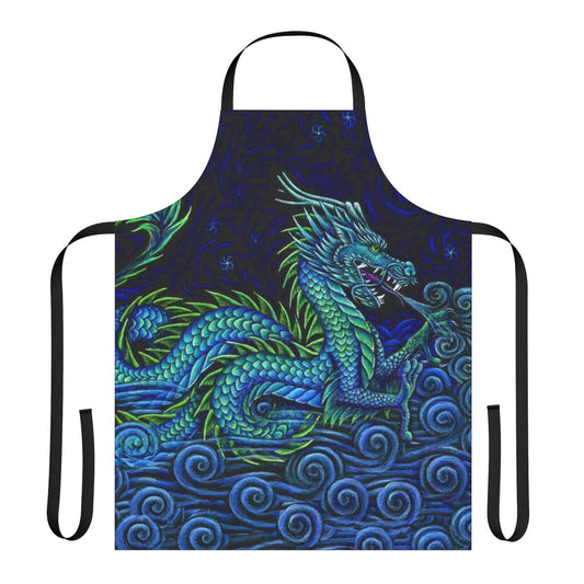 Vibrant and psychedelic azure dragon apron with swirling, spiral patterns