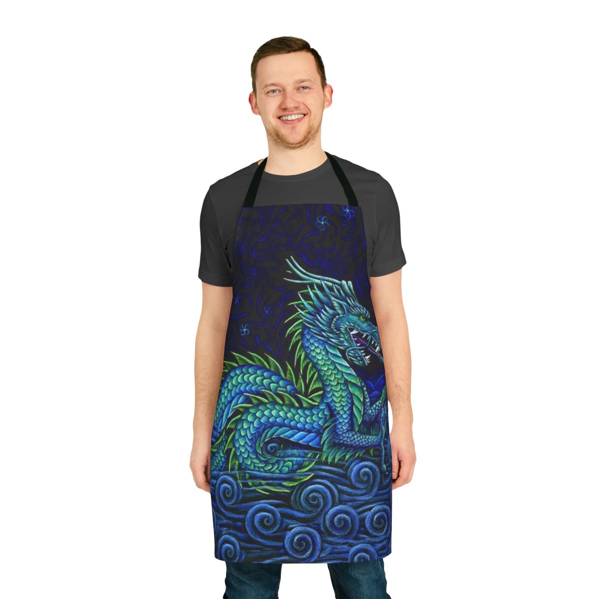 Vibrant and psychedelic azure dragon apron with swirling, spiral patterns