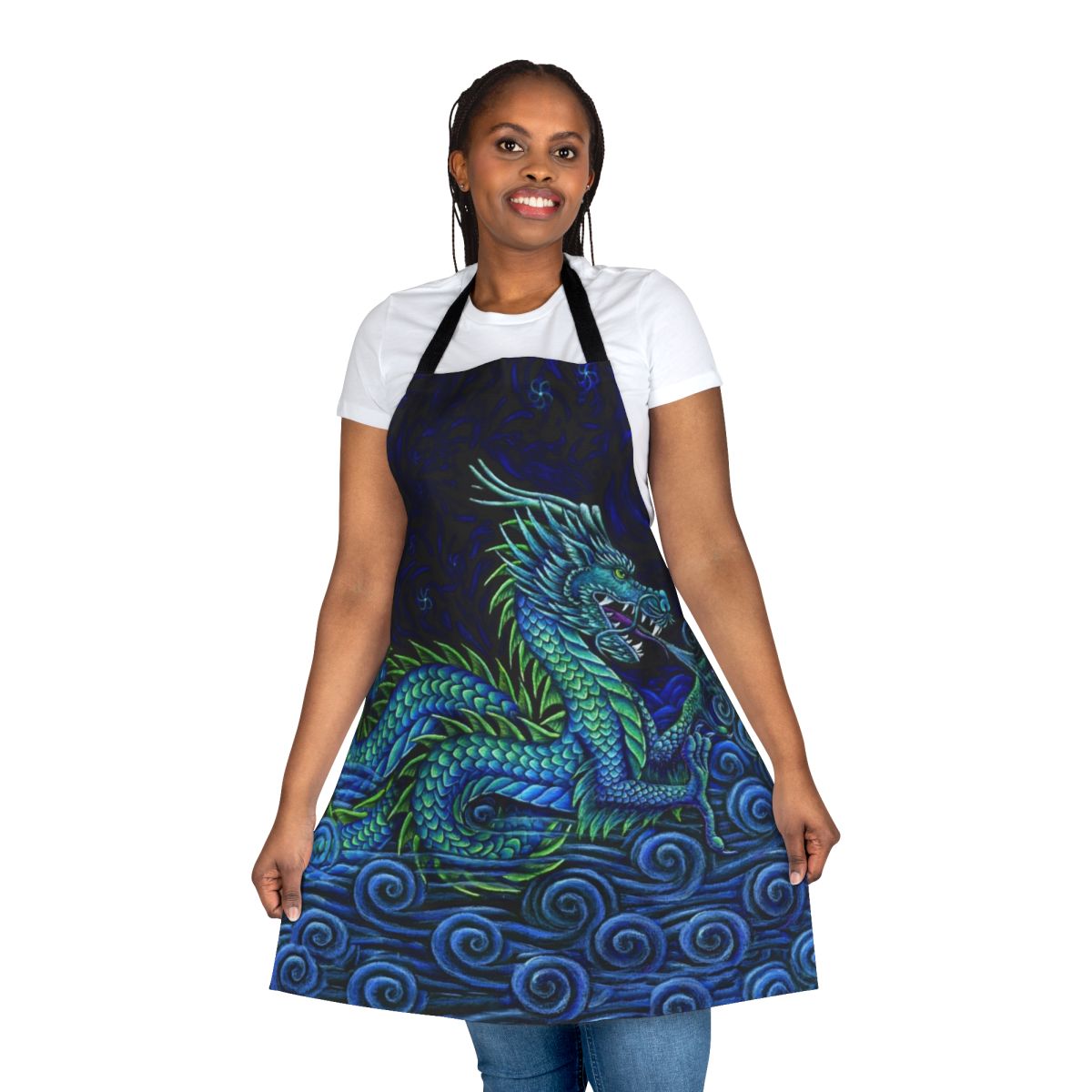 Vibrant and psychedelic azure dragon apron with swirling, spiral patterns
