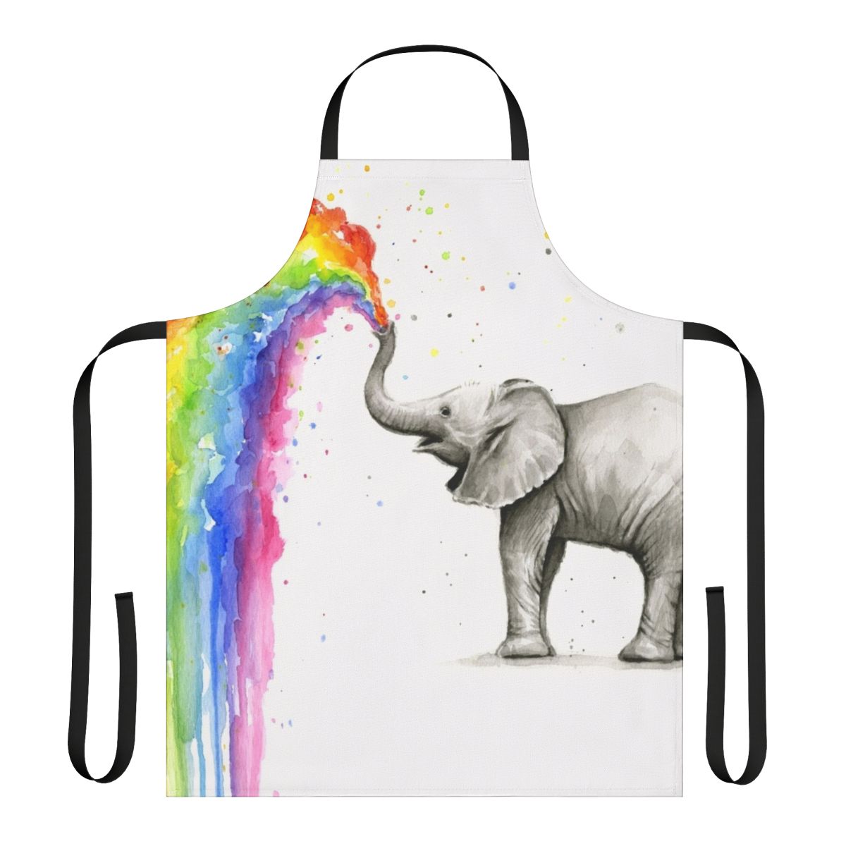 Vibrant watercolor illustration of a baby elephant spraying rainbow water