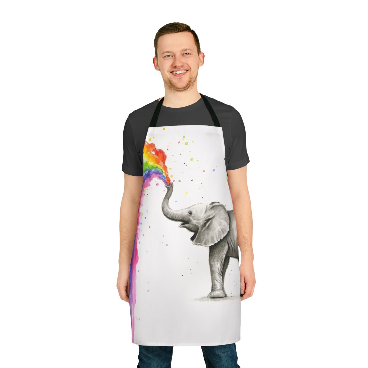 Vibrant watercolor illustration of a baby elephant spraying rainbow water