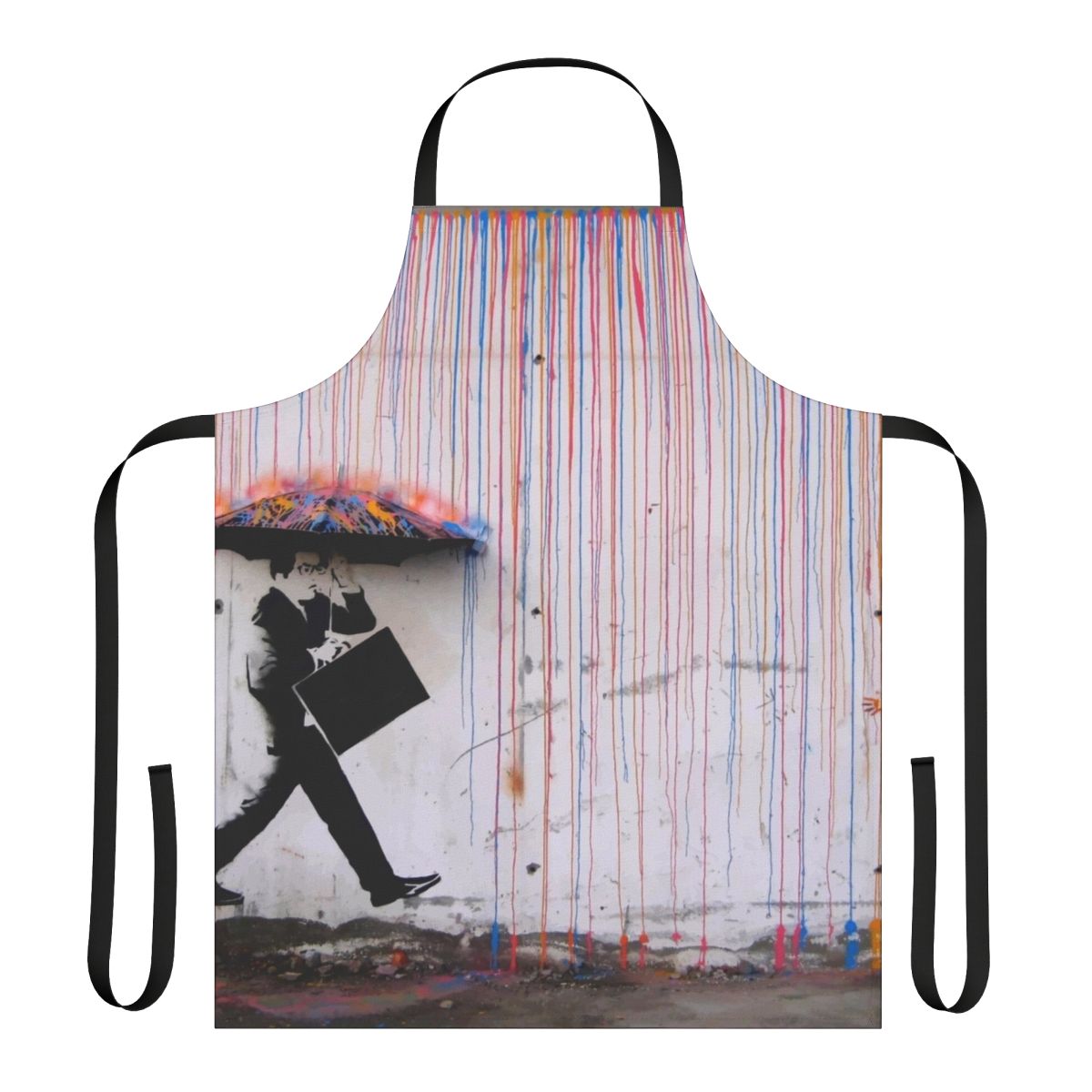 Vibrant apron featuring a Banksy-style rainbow umbrella design