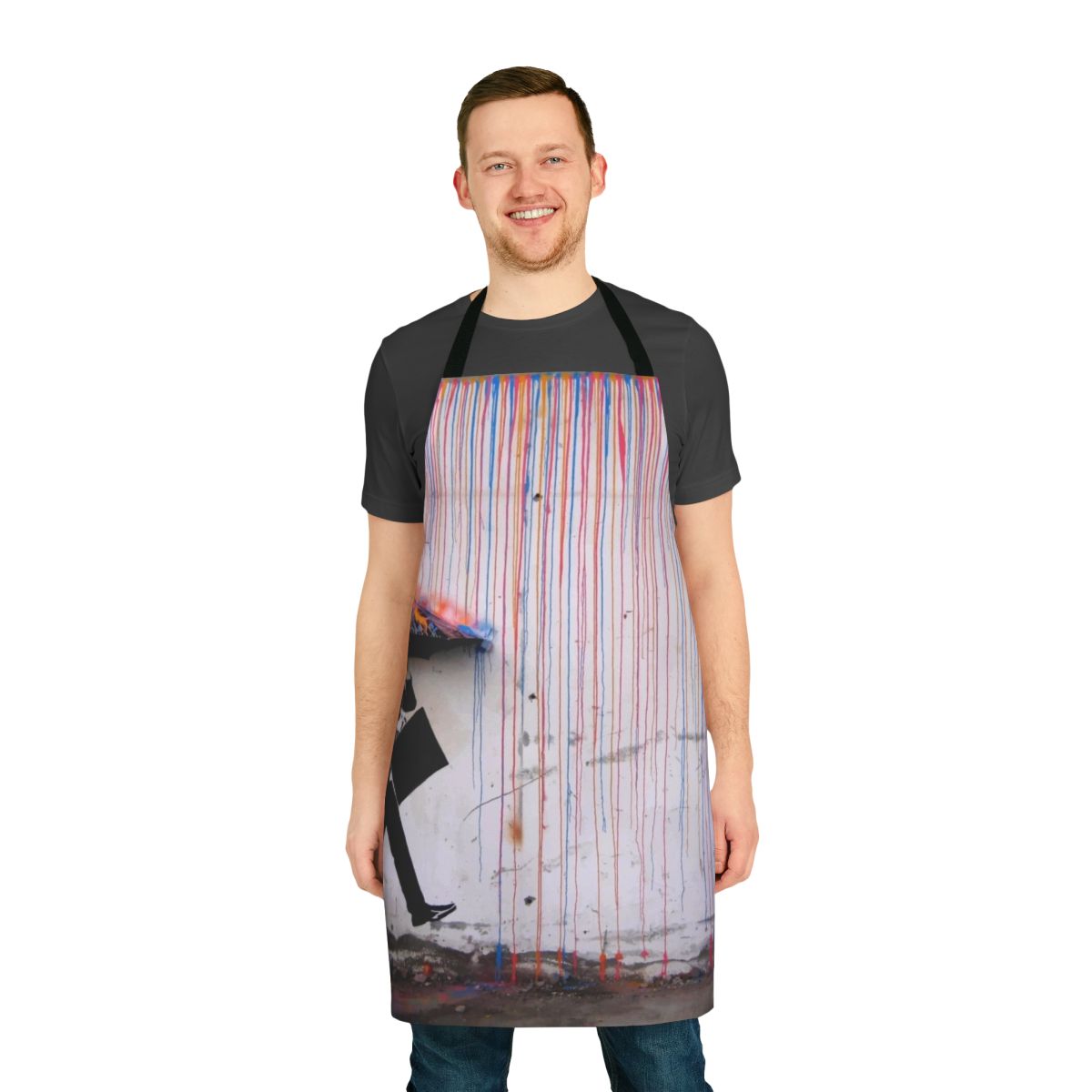 Vibrant apron featuring a Banksy-style rainbow umbrella design