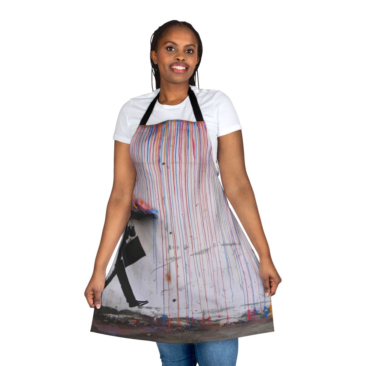 Vibrant apron featuring a Banksy-style rainbow umbrella design