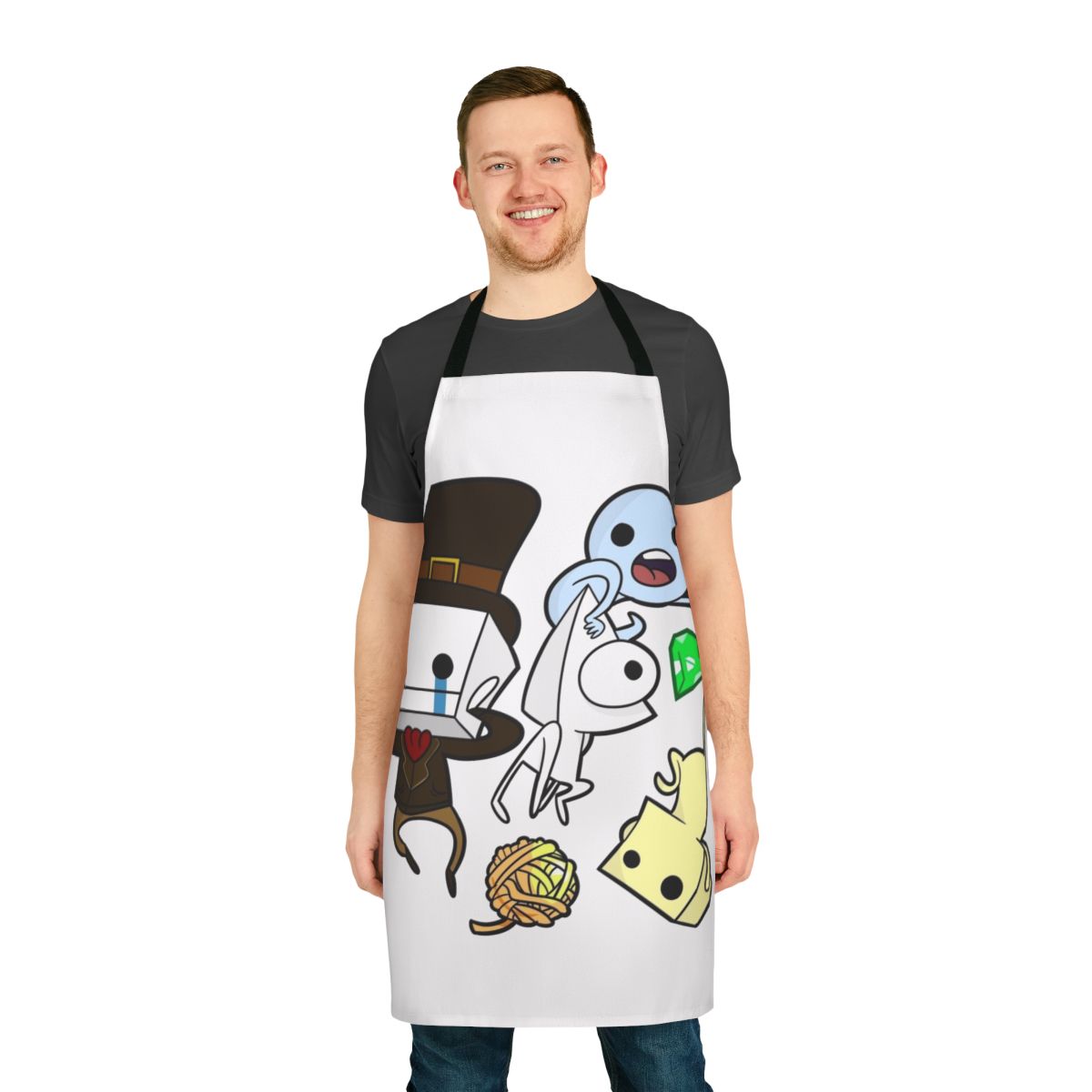 Battleblock Theater-inspired apron with cartoon characters and funny designs