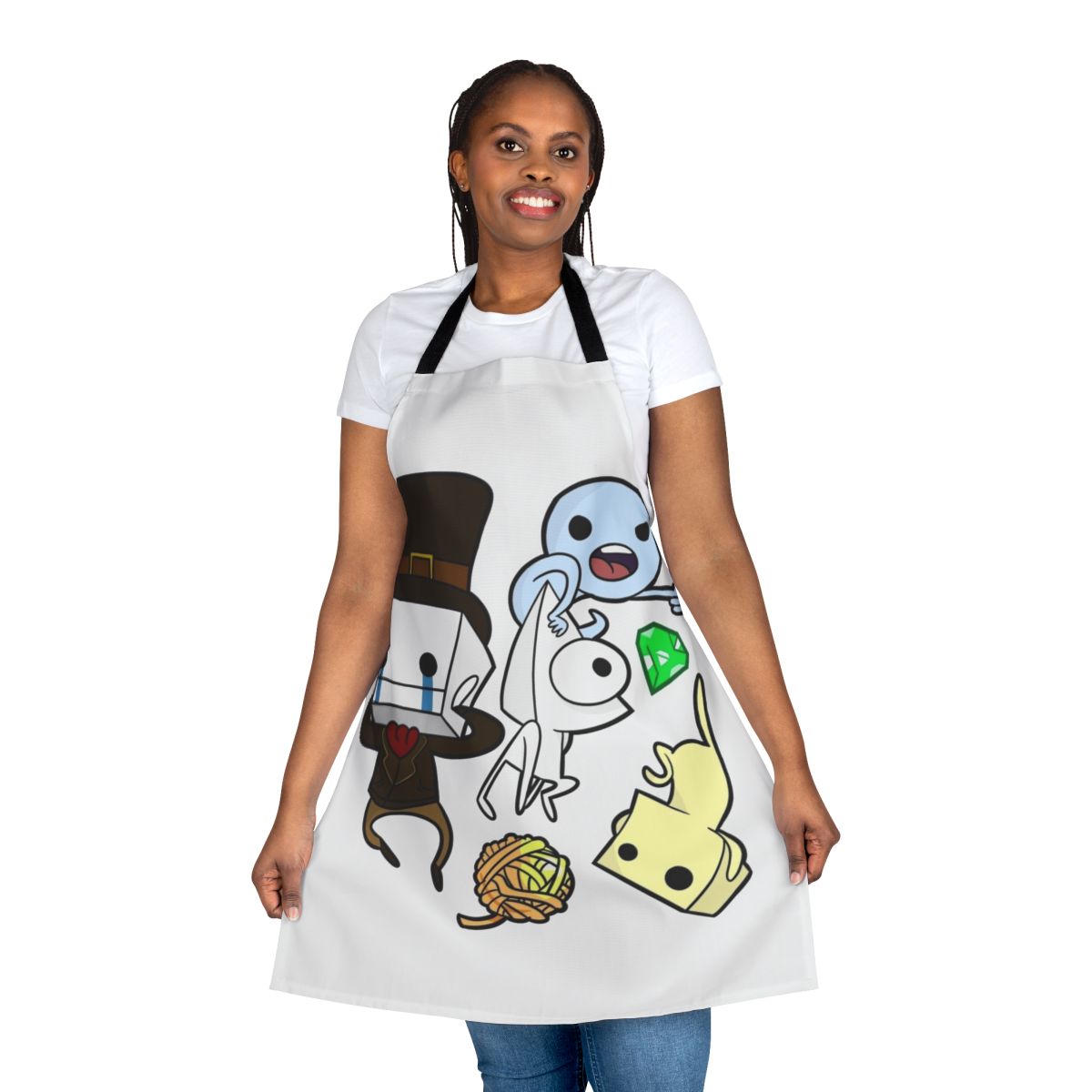 Battleblock Theater-inspired apron with cartoon characters and funny designs