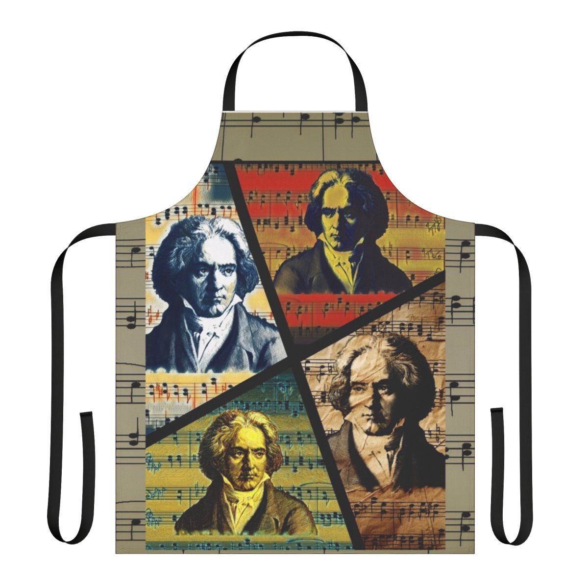 Colorful apron featuring a collage of Beethoven-inspired artwork and musical elements