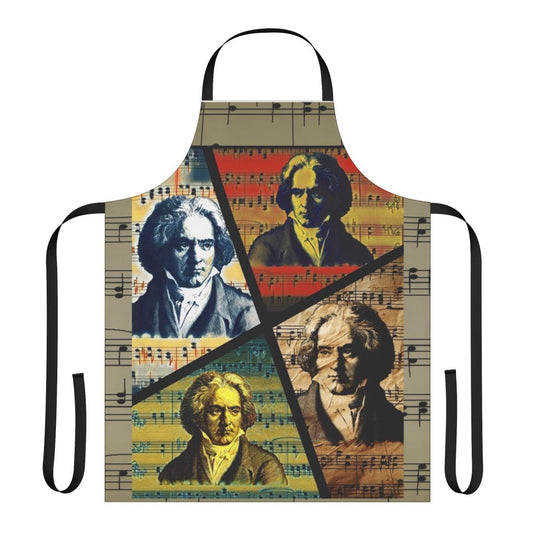 Colorful apron featuring a collage of Beethoven-inspired artwork and musical elements